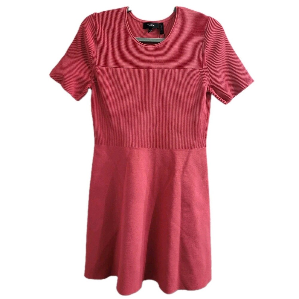 NWT Theory Otto Fit Flare Dress M Watermelon Rib Knit Short Sleeve Spring